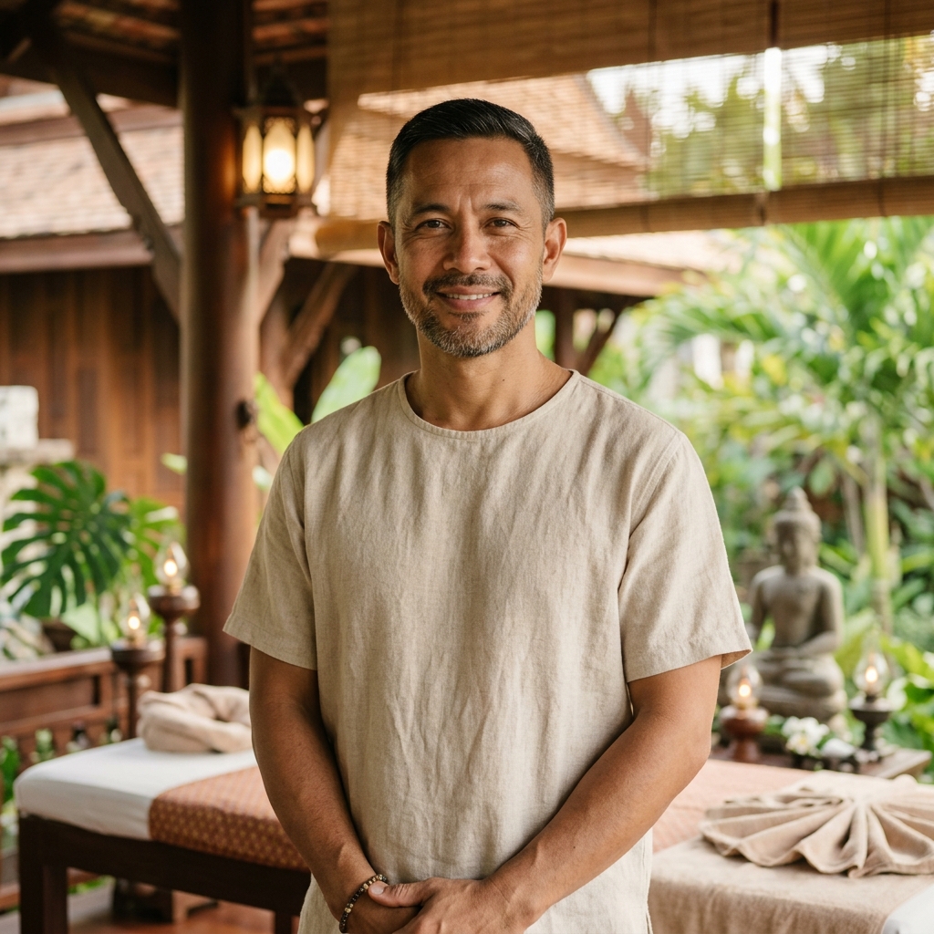 Professor Arnoldo Benkenstein sorrindo em um ambiente tranquilo e natural de spa