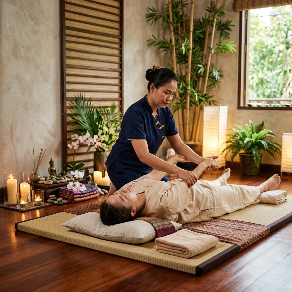 Sessão profissional de Thai Yoga Massage tradicional tailandesa realizada sobre o tatame
